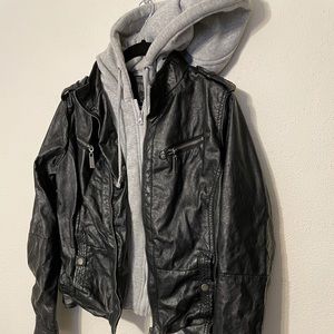Faux Leather Jacket with Hood
